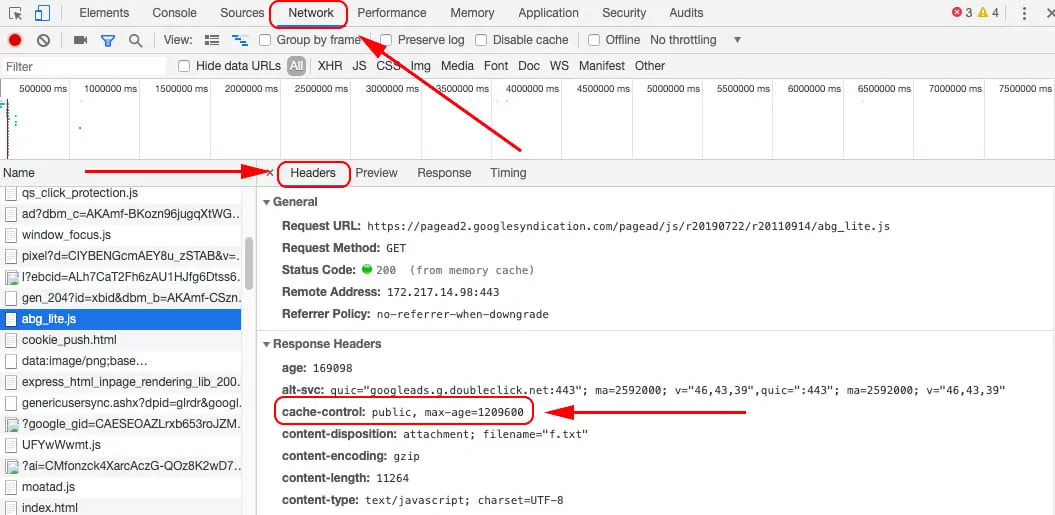 Cache Control tabs (Network, Headers, and then Cache Control)