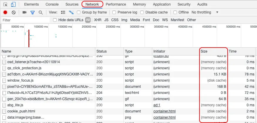 Size column in Chrome DevTools to see if resources are actually being cached