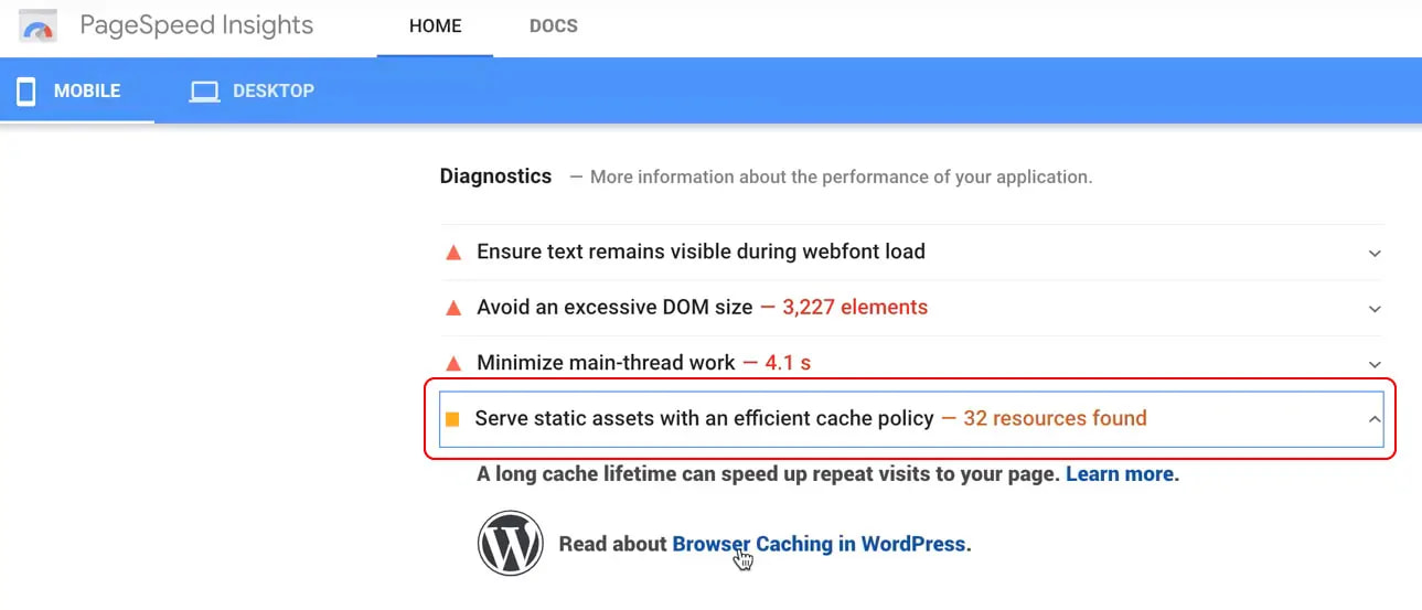 PageSpeed Insights showing that the website should serve static assets with an efficient cache policy