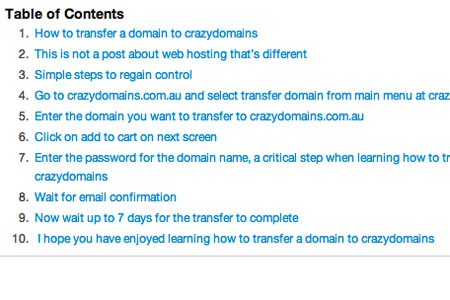 WordPress table of contents example