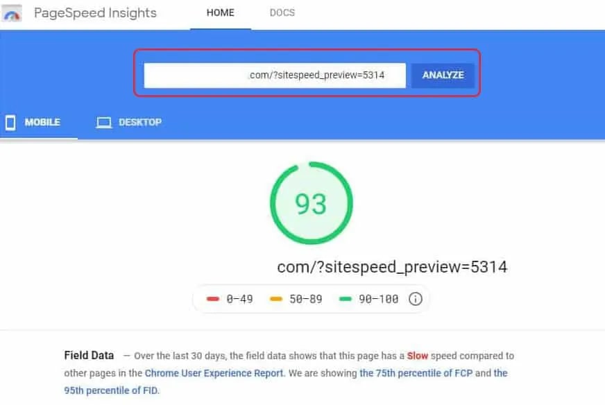 Preview Site Speed Score