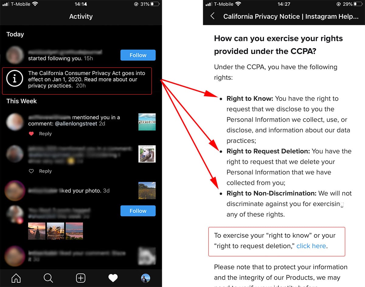 CCPA Compliance Example from Instagram