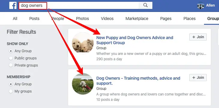 Dog owners facebook groups (helps for niche affiliate website content research)