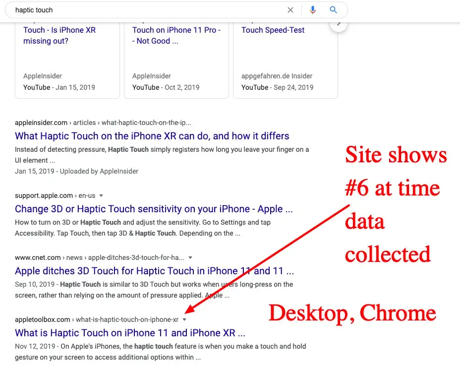 Google SERP had haptic touch article ranked as #5 for one query