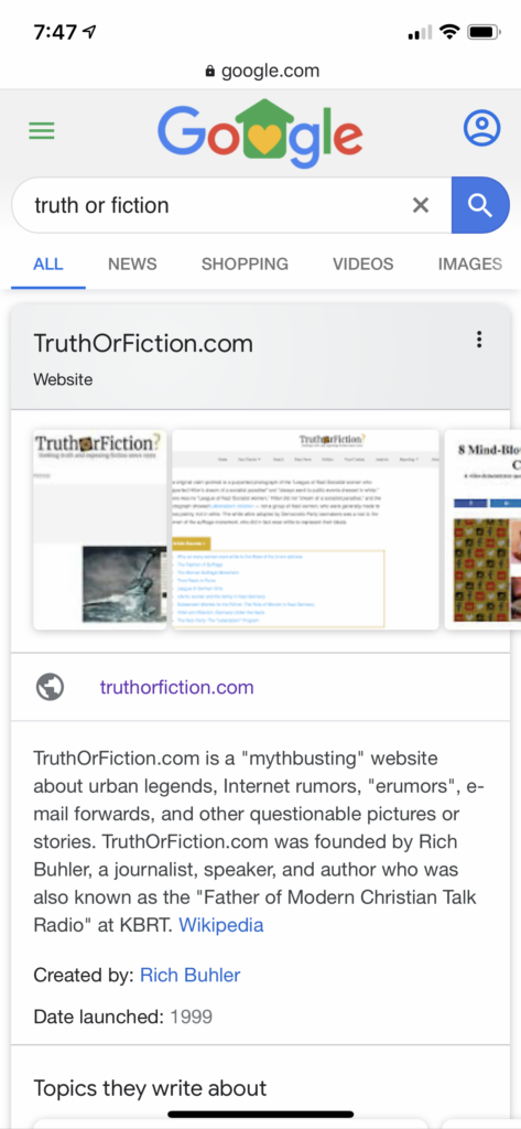 On one mobile query, truth or fiction's website has the knowledge graph.