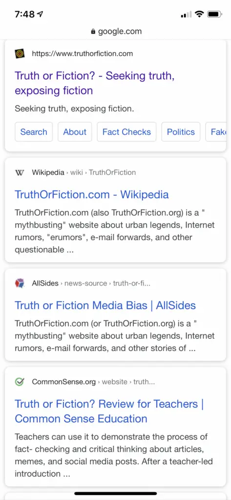 On another query, truthorfiction.com's website does not have the knowledge graph