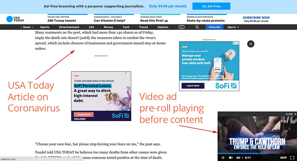 Video ad networks display video ad pre-roll on USA today's website