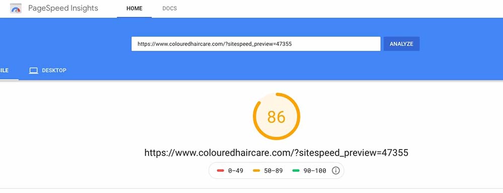 google pagespeed insights mobile score of 86